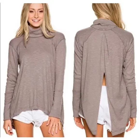 Free People Top Split Back Nutmeg Brown Turtleneck Blouse S Sweater Shirt Boho - Picture 1 of 5